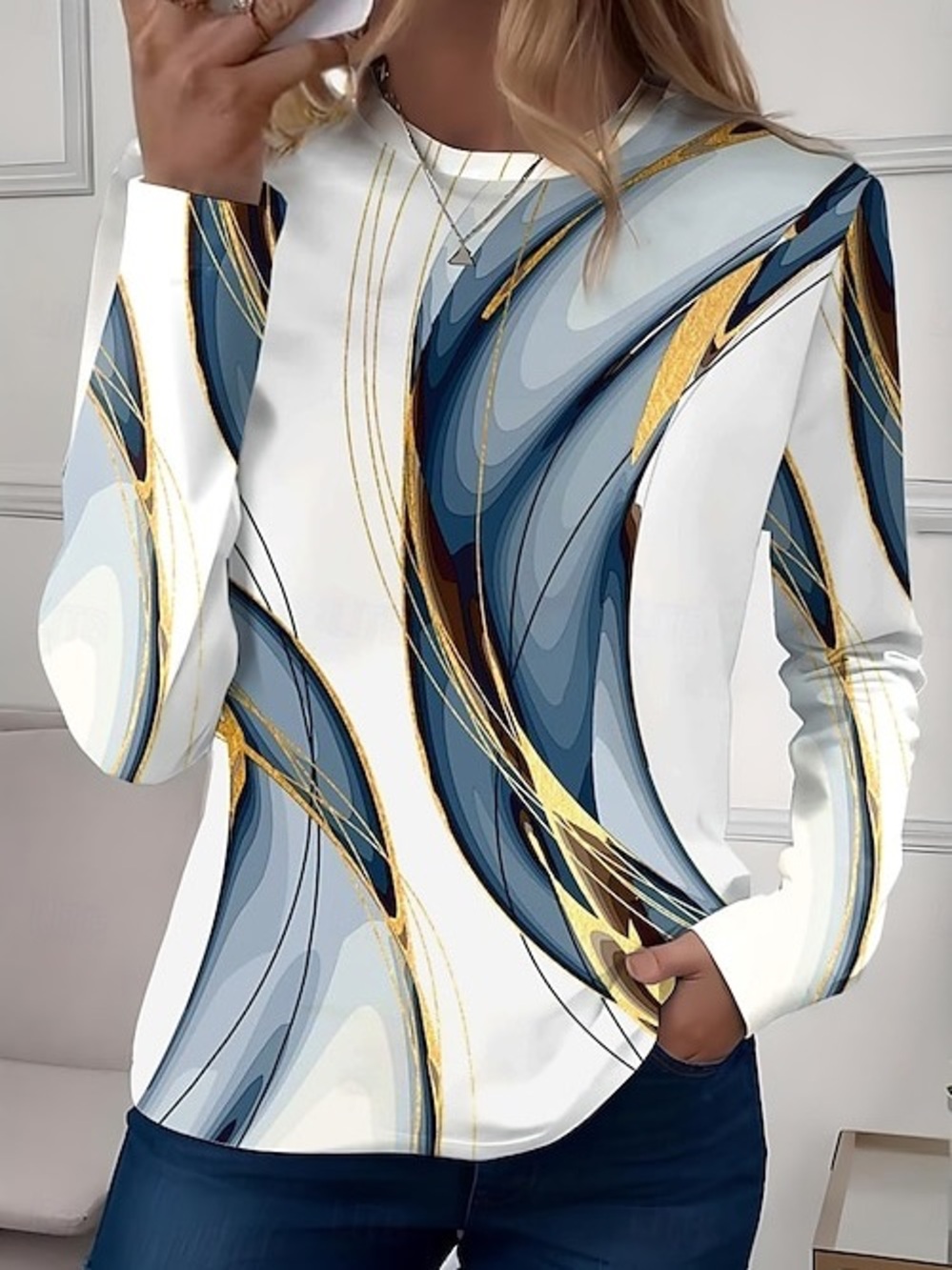 White Long-Sleeve Top with Blue & Gold Abstract Swirl XL